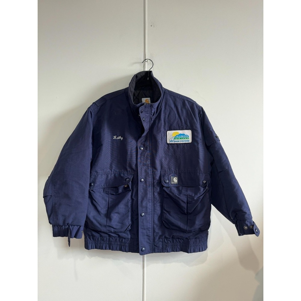 Carhartt Jacket Mens XL Blue Canvas Full Zip Insulated‎ Workwear Bomber Logo